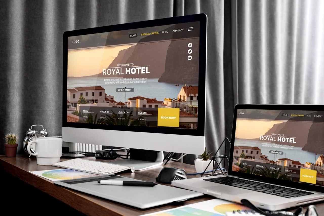 Hotel booking website design displayed on desktop and laptop screens
